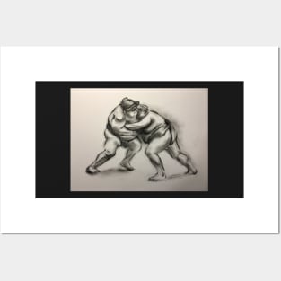 Sumo #1 - Sumo wrestlers charcoal drawing on paper Posters and Art